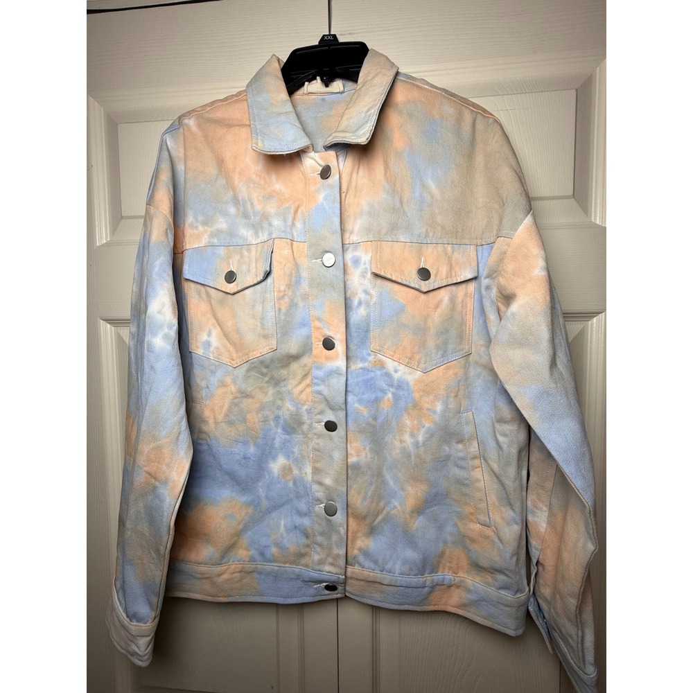 Entro Women Blue Peach Tie Dye Denim‎ Jacket Pastel Cotton Boho J13446 Small
